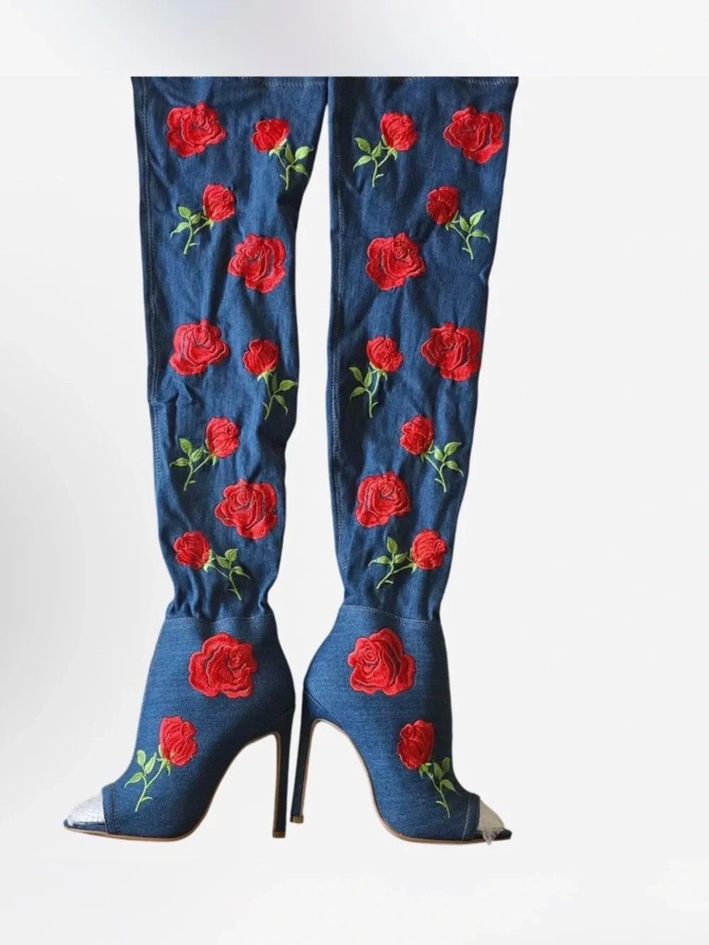 Women's Denim Over-the-Knee Peep-Toe Boots with Red Rose Embroidery